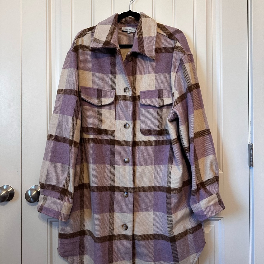 Women's Plaid Utility Jacket in Purple and Brown